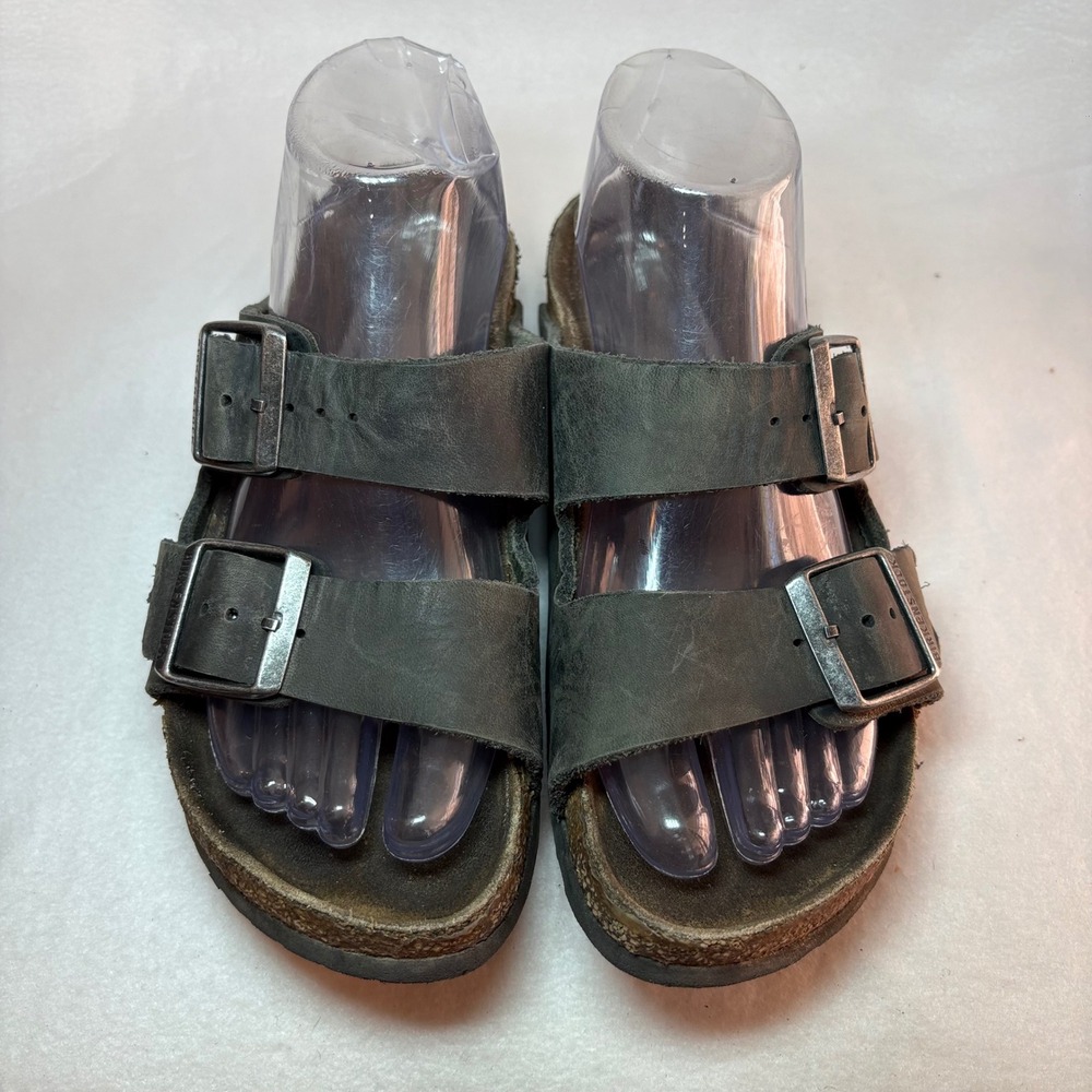 Birkenstock Arizona Dark Gray Oiled Leather Two Strap Sandals Mens 39